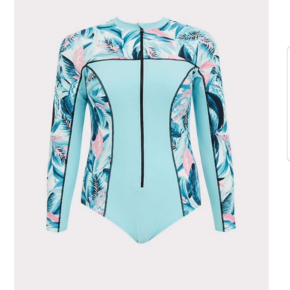 AQUA BLUE TROPICAL ONE-PIECE RASH GUARD SWIMSUIT
